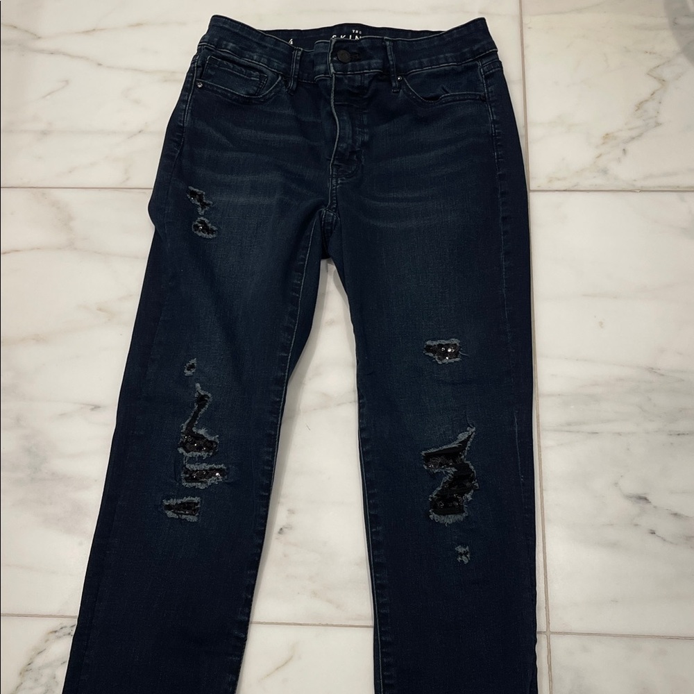 WHBM Dark Blue Fancy Distressed Skinny Jeans with black sequins